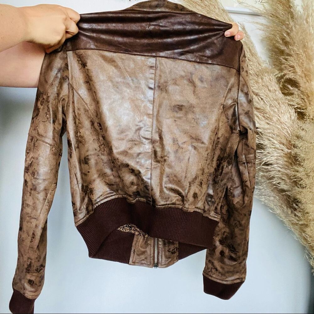 ANTHROPOLOGIE HEI HEI Brown Vegan Faux Leather Knit Cuff Bomber Jacket Coat XS - Picture 7 of 10